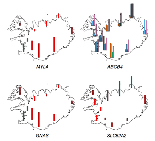 Maps show how common certain risk-causing DNA mutations are around Iceland.
