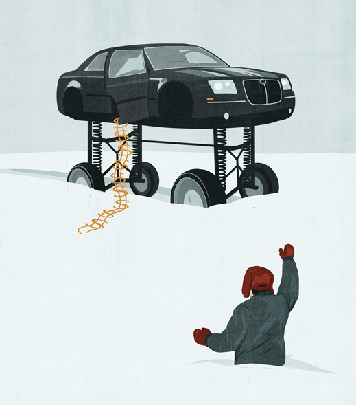 illustration of man in waist-high snow hailing car on lift