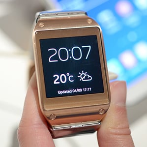 Samsung smart watch displaying time and temperature