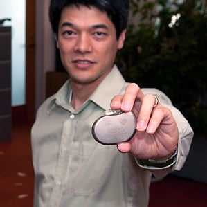 Malware practice: Kevin Fu specializes in finding vulnerabilities in electronic medical equipment. Here he holds an implantable pacemaker used in earlier security research.